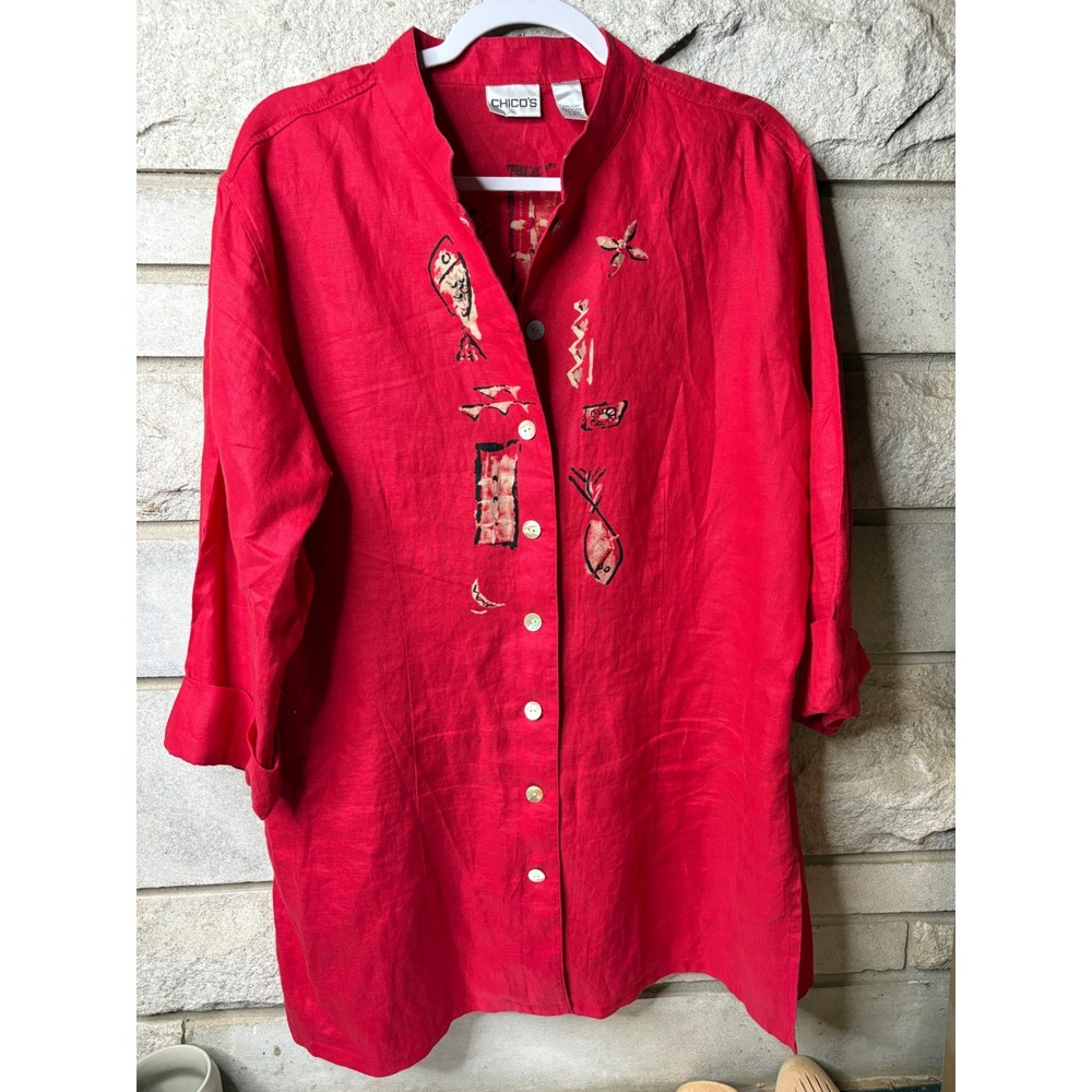 Chico's Red 100% Linen Fish Print Tunic Mandarin Collar Button Down Shirt Size 3